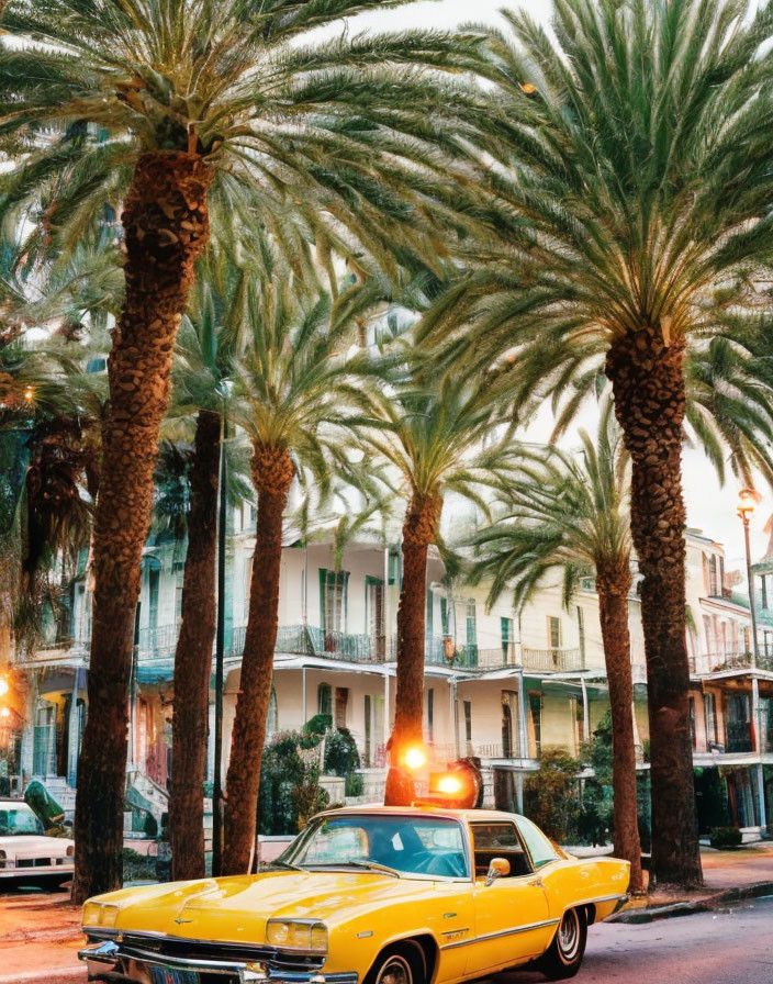 Vintage Yellow Car Parked on Palm Tree-Lined Street at Dusk