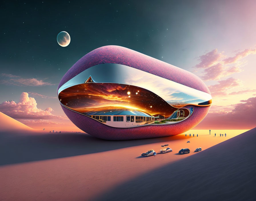 Reflective bean-shaped building in desert twilight with people and moon