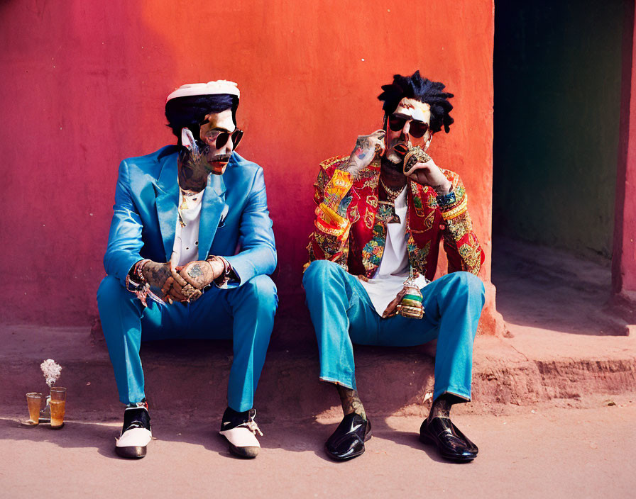 Stylish men in colorful suits and sunglasses against pink and red wall