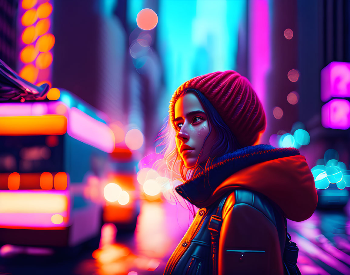 Digital artwork: Young woman in red beanie and jacket, side profile, neon-lit city streets