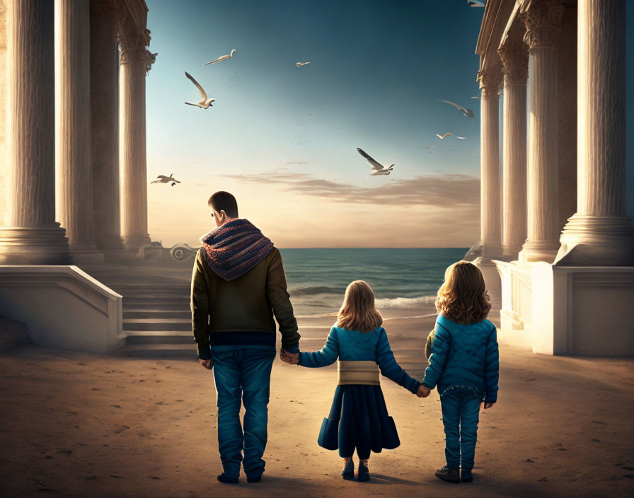 Man with children at classical seaside structure at twilight