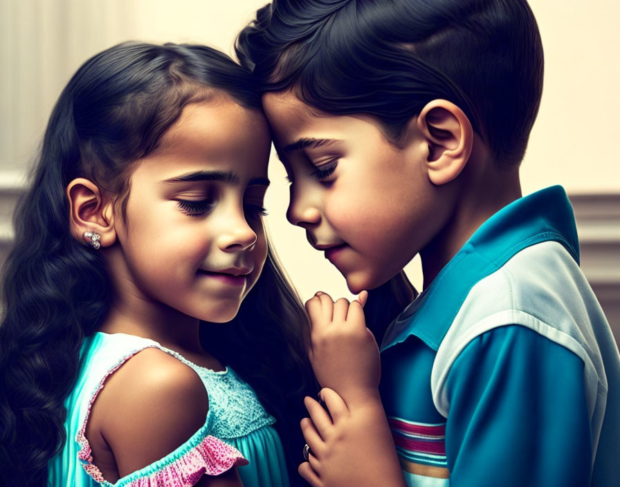 Two children with dark hair touching foreheads in a tender moment.