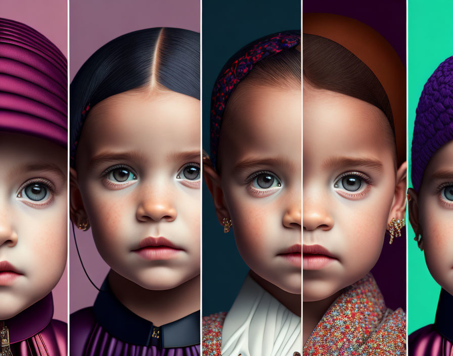 Four portraits of a girl with different expressions and headwear on colorful backgrounds