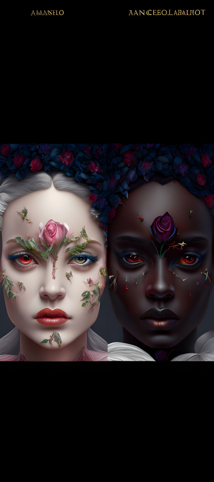 Symmetrical portrait of two faces with floral motifs in red and purple