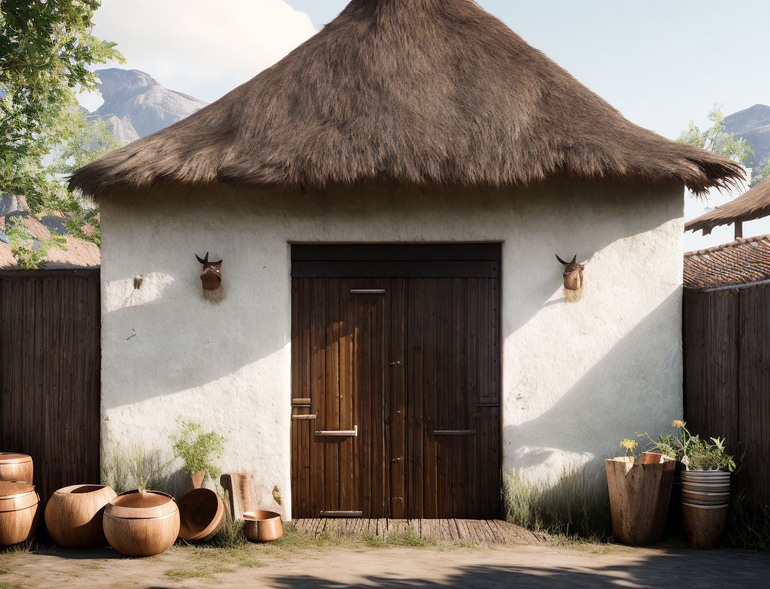 Thatched Roof Cottage with Antler Decor and Wooden Door