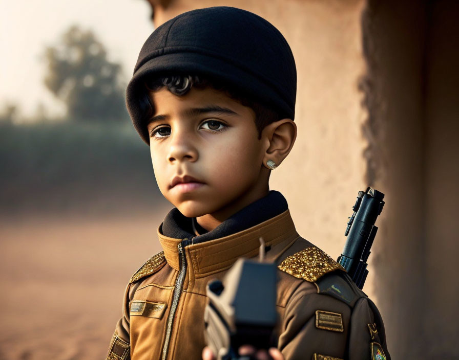 Young boy in military costume with serious expression against natural backdrop