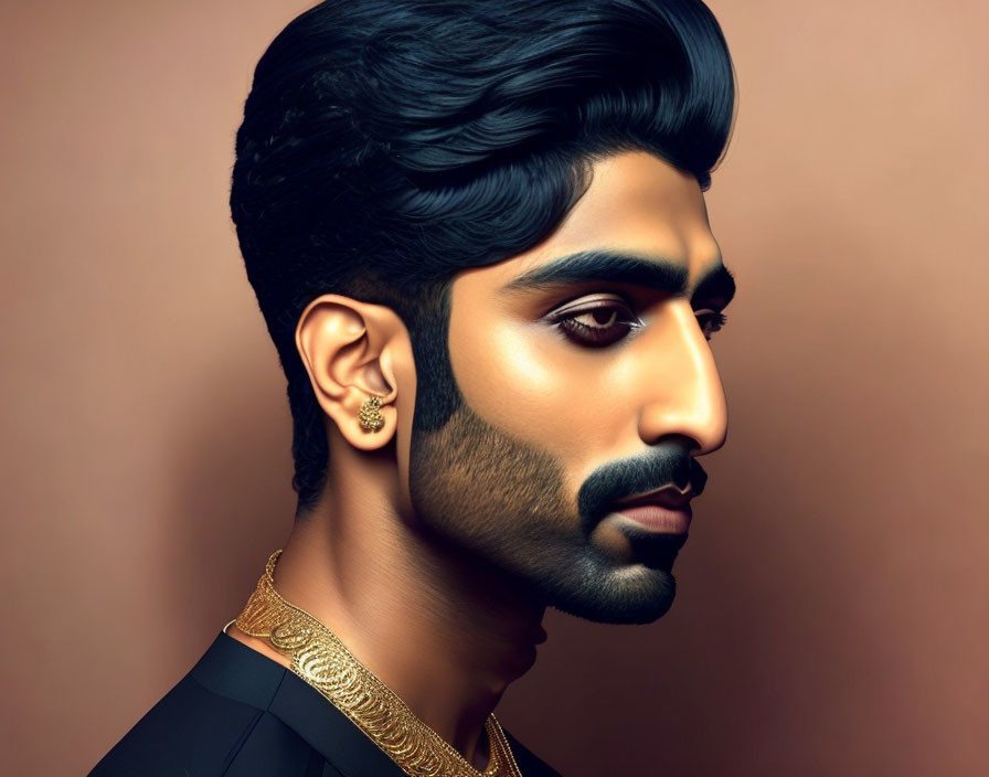 Man with Stylized Hair and Beard in Traditional Attire on Brown Background