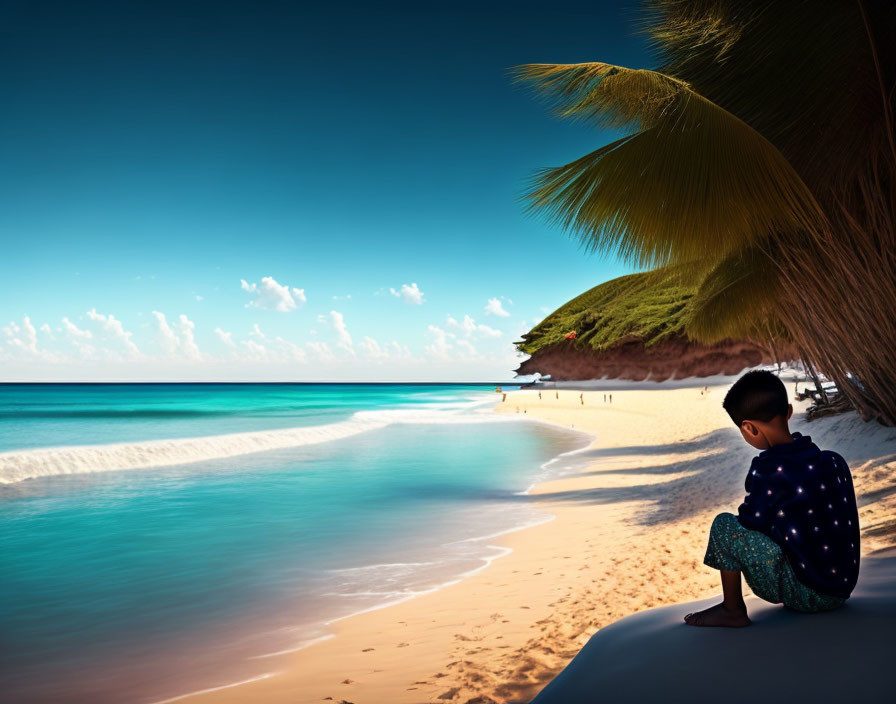 Child on tranquil beach at dusk with palm frond and serene ocean view