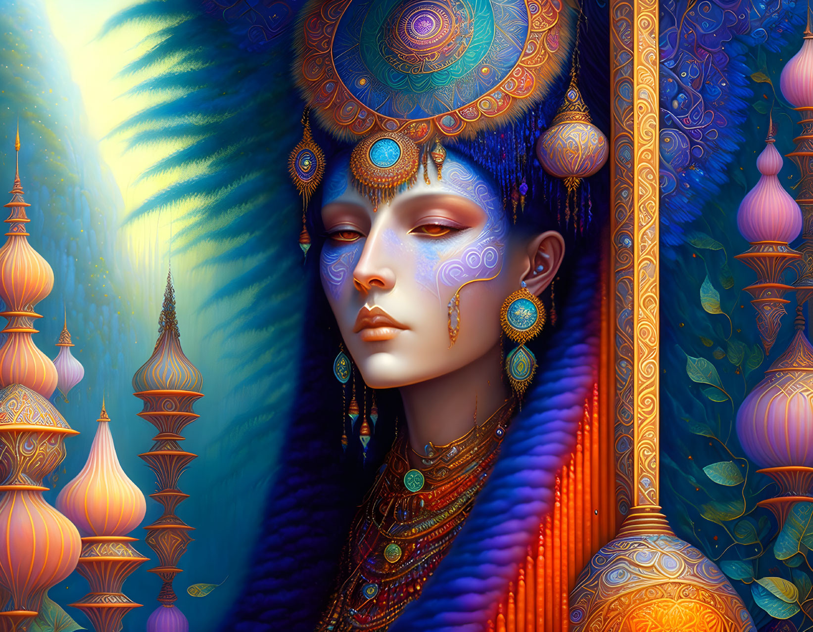 Vibrant digital artwork of woman with blue and gold body paint