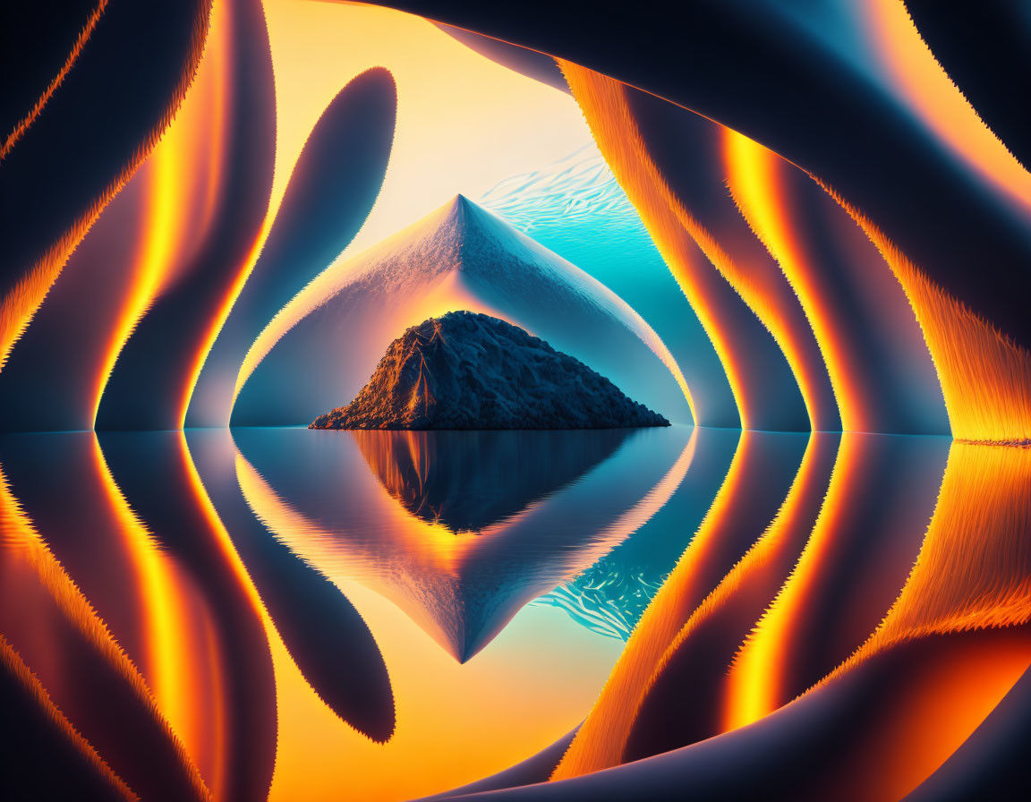 Mirrored mountain peak in surreal landscape with orange shapes on blue sky