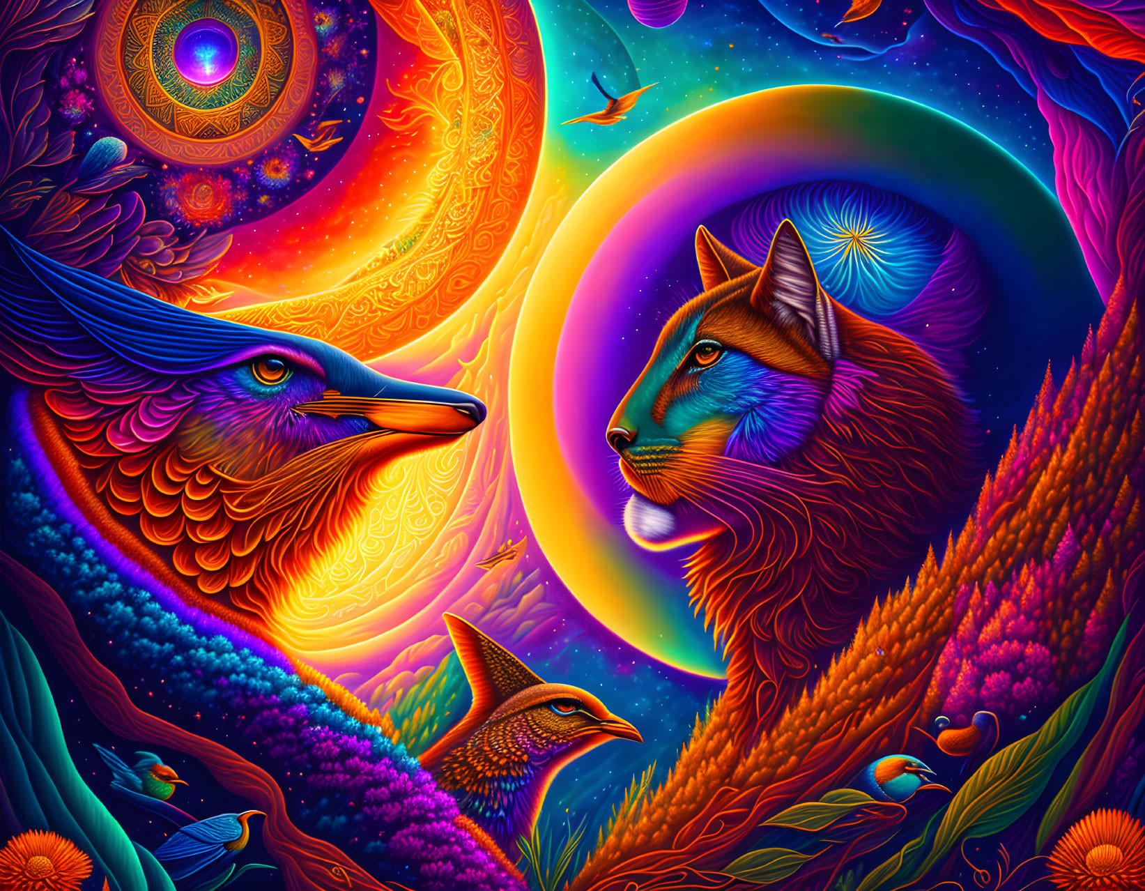 Colorful Wolf and Eagle Artwork in Psychedelic Cosmic Scene