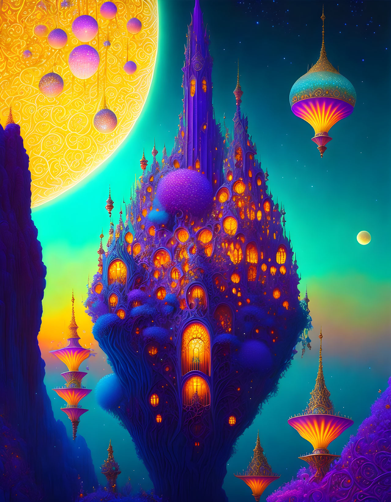 Fantasy artwork: Glowing tree castle, floating lanterns, starry sky, multiple moons