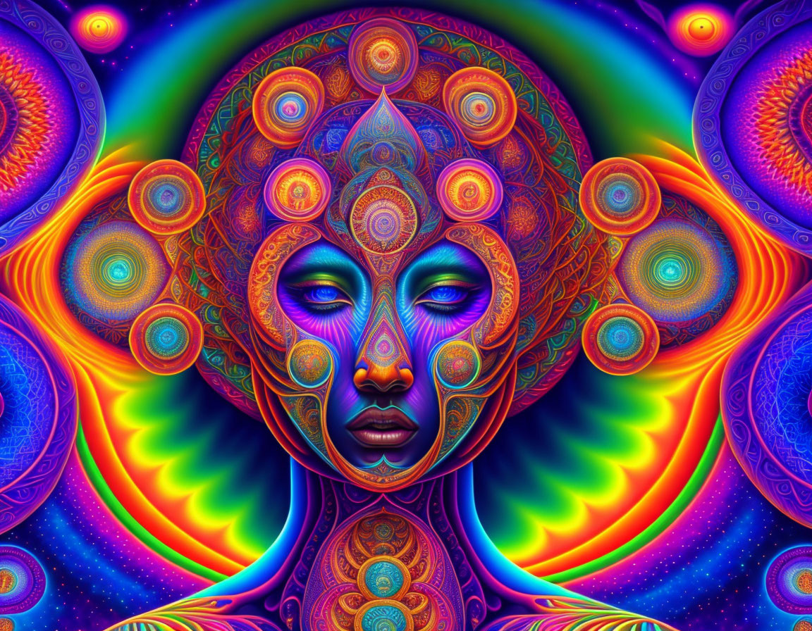 Symmetrical Psychedelic Face Artwork with Colorful Patterns