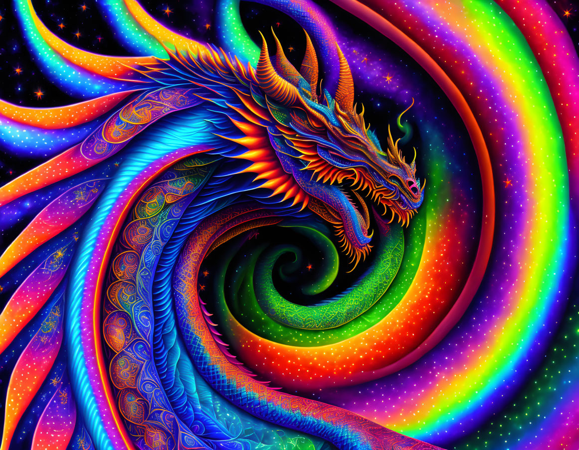 Colorful Psychedelic Dragon Swirling in Space