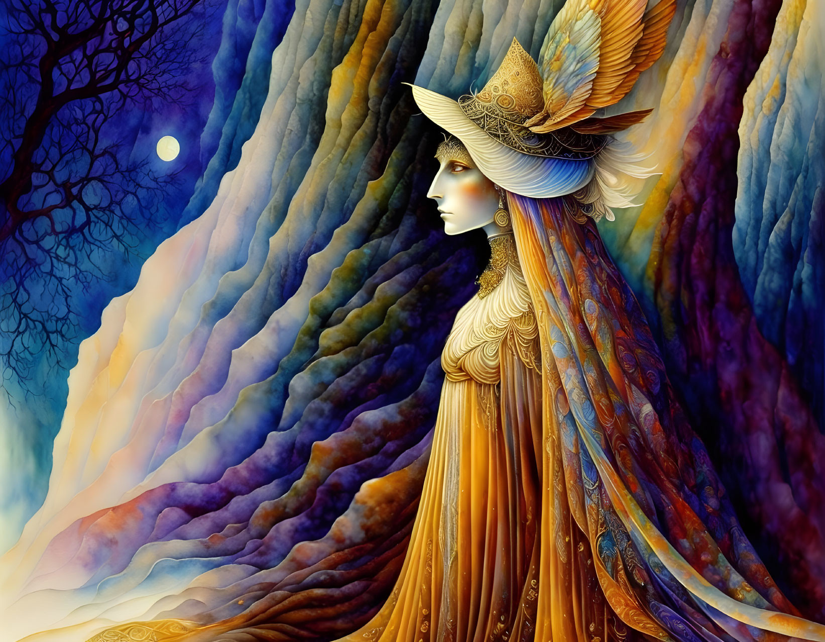 Detailed illustration of woman in feathered hat and golden gown against vibrant backdrop.