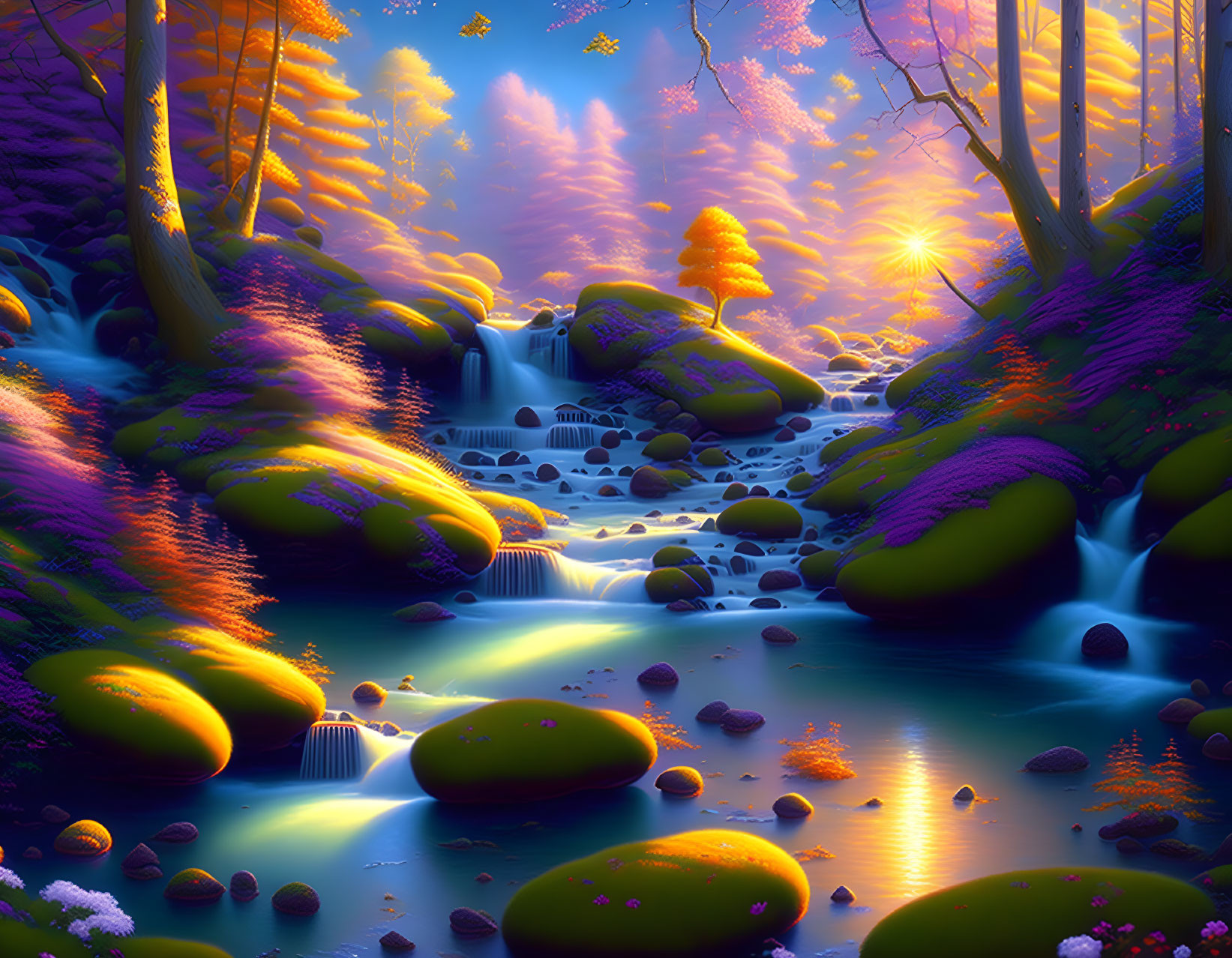 Enchanting fantasy forest with glowing trees and serene river