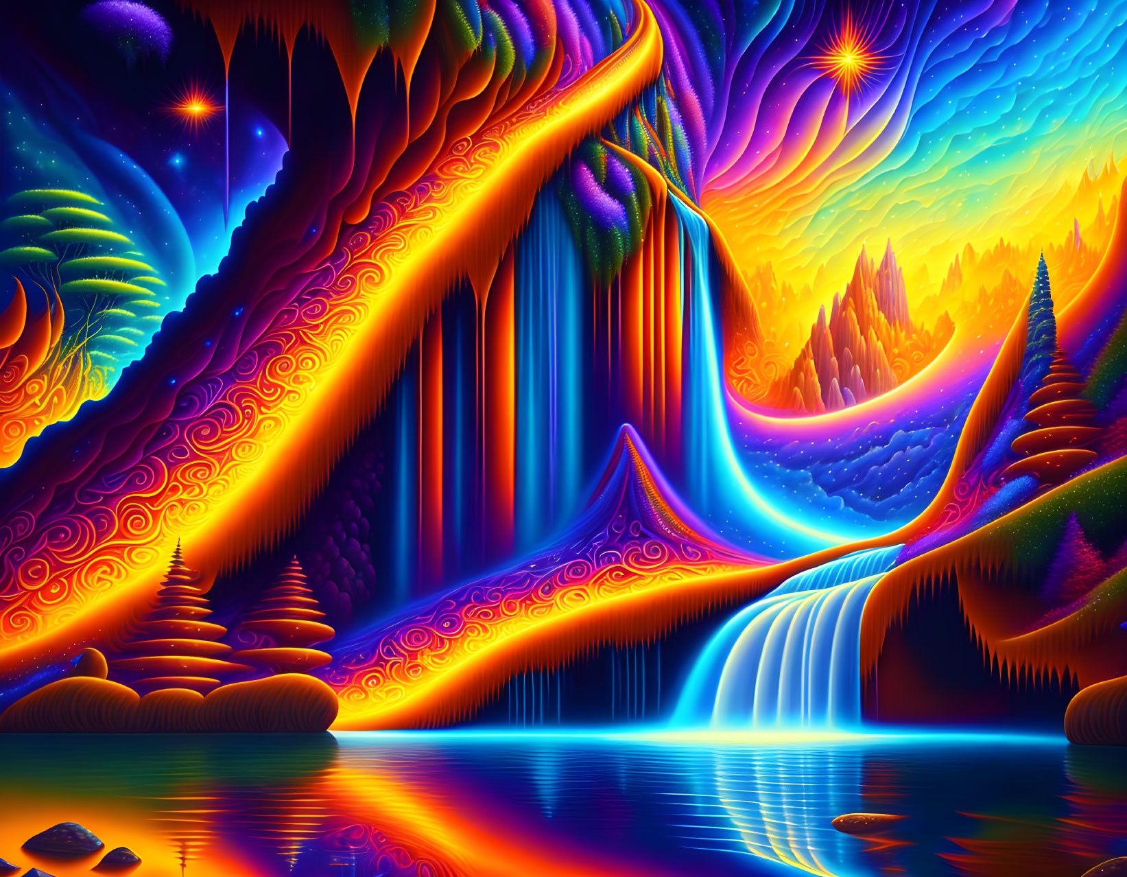 Colorful Psychedelic Landscape with Waterfalls and Starry Sky