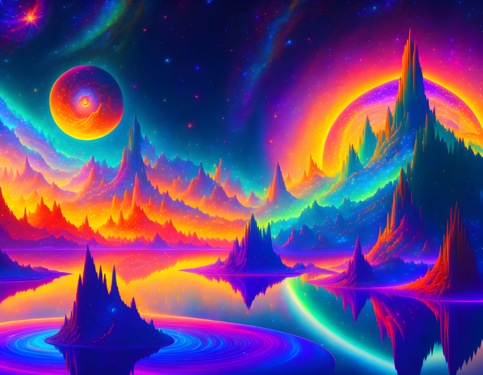 Fantastical neon landscape with cosmic sky & reflective water