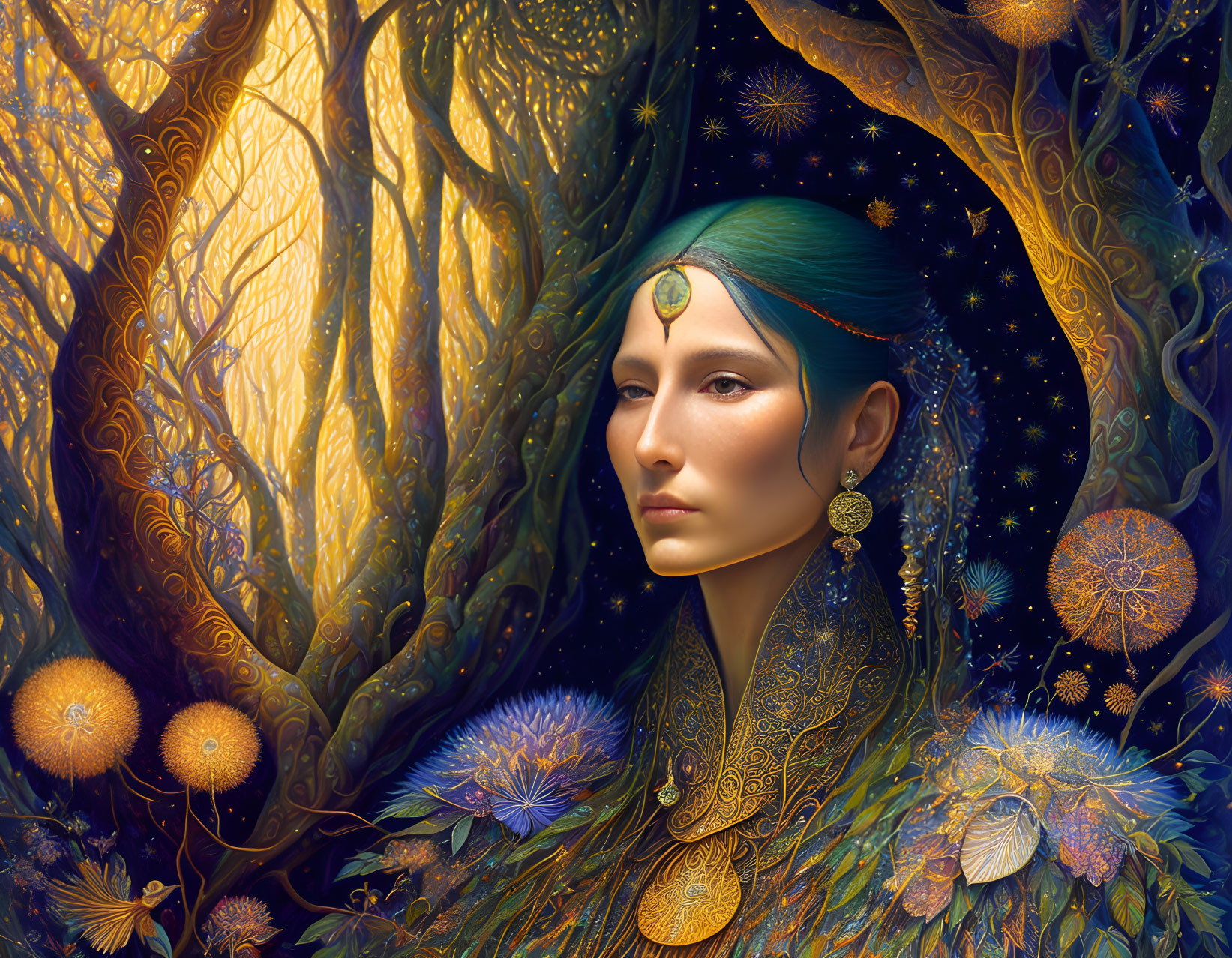 Emerald-haired female figure in mystical forest setting