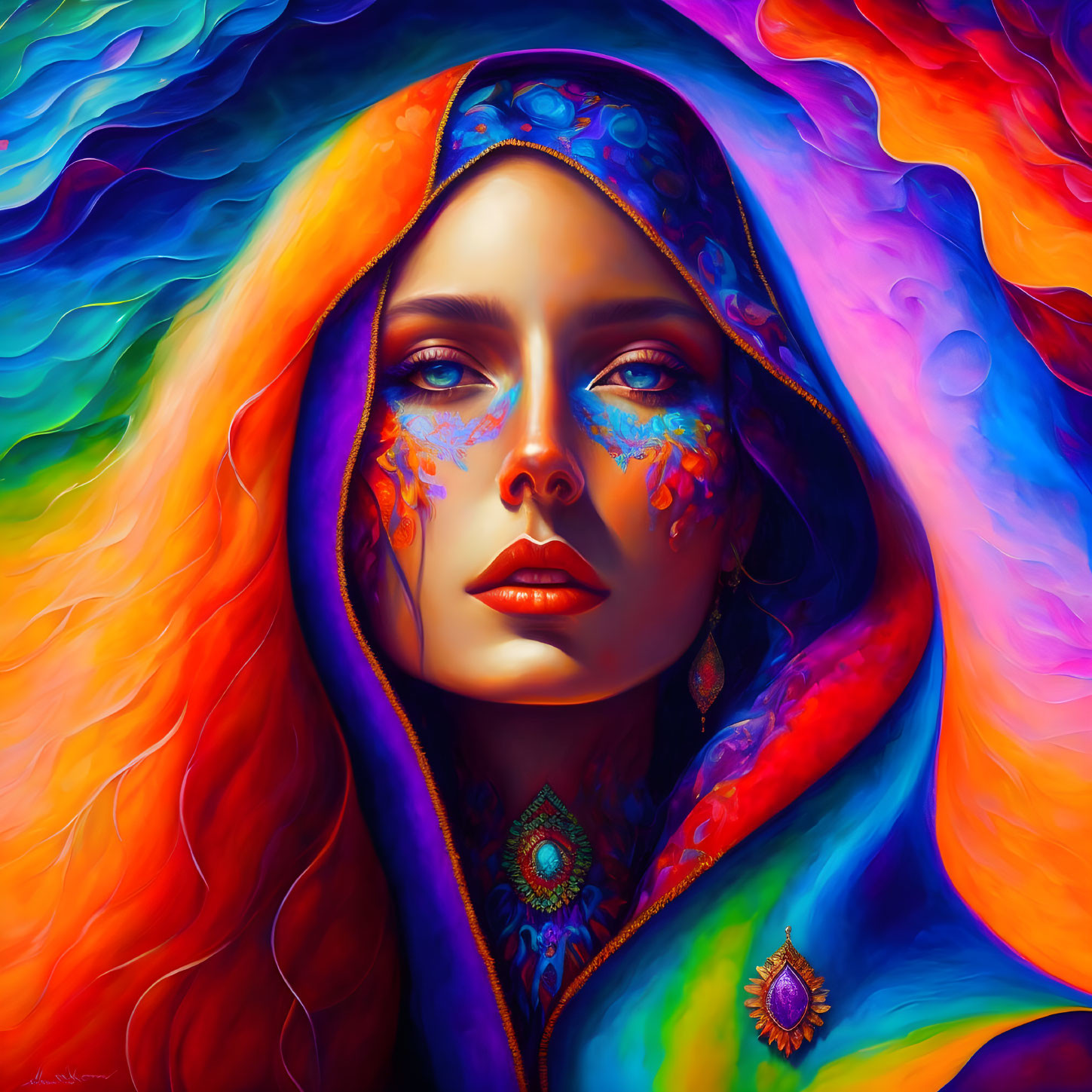 Colorful Woman Portrait with Flowing Hair and Vibrant Hood