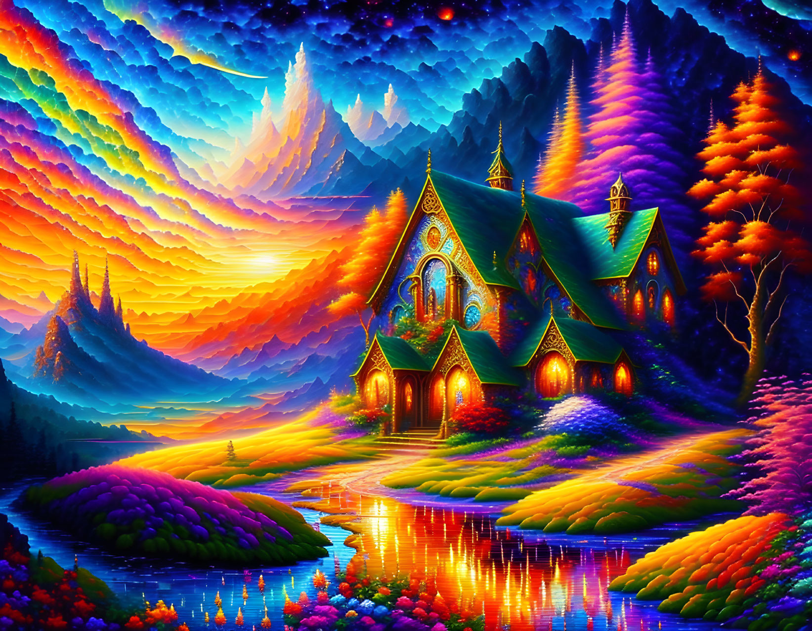 Colorful illuminated castle in vibrant fantasy landscape