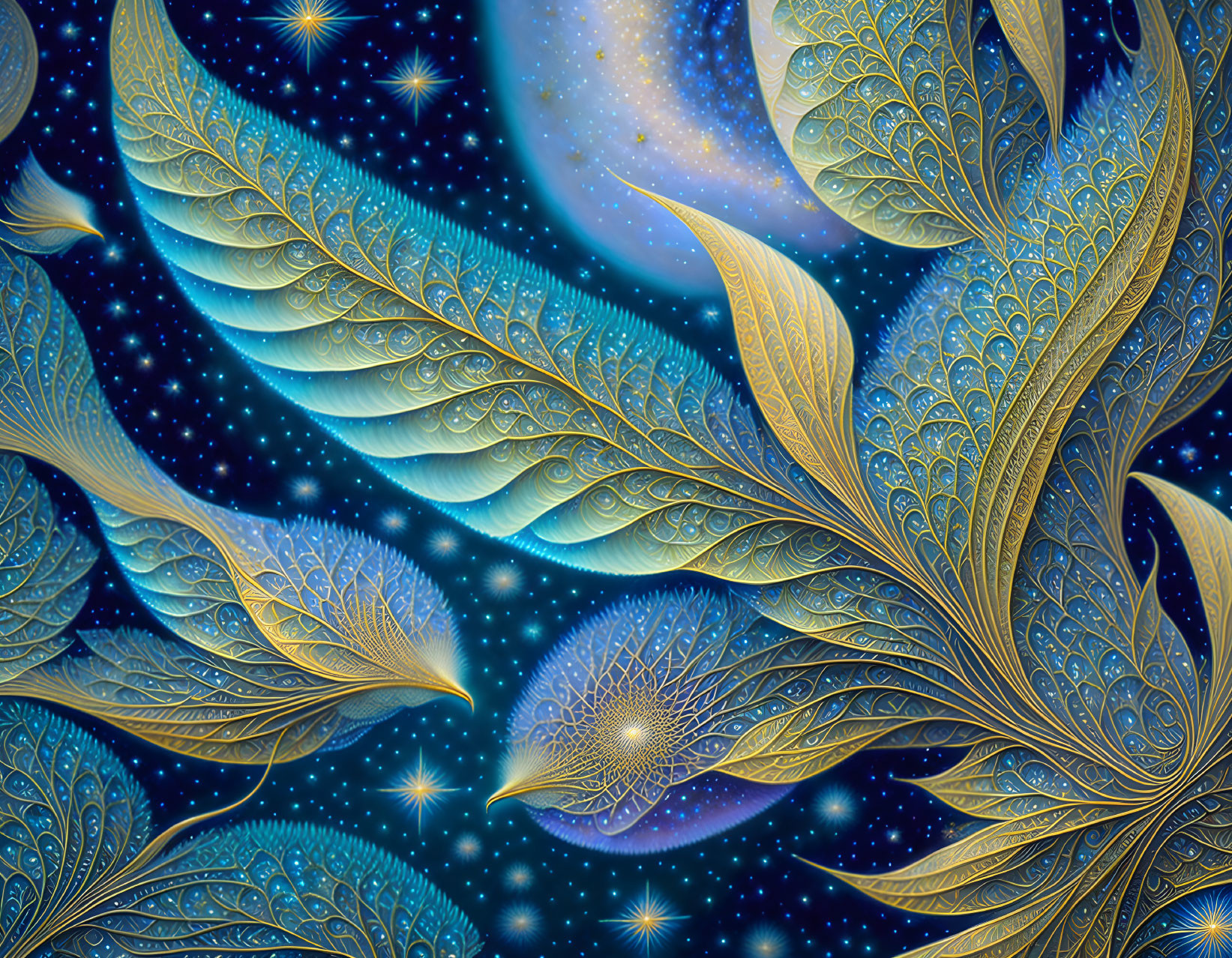 Golden leaves form peacock patterns in cosmic artwork