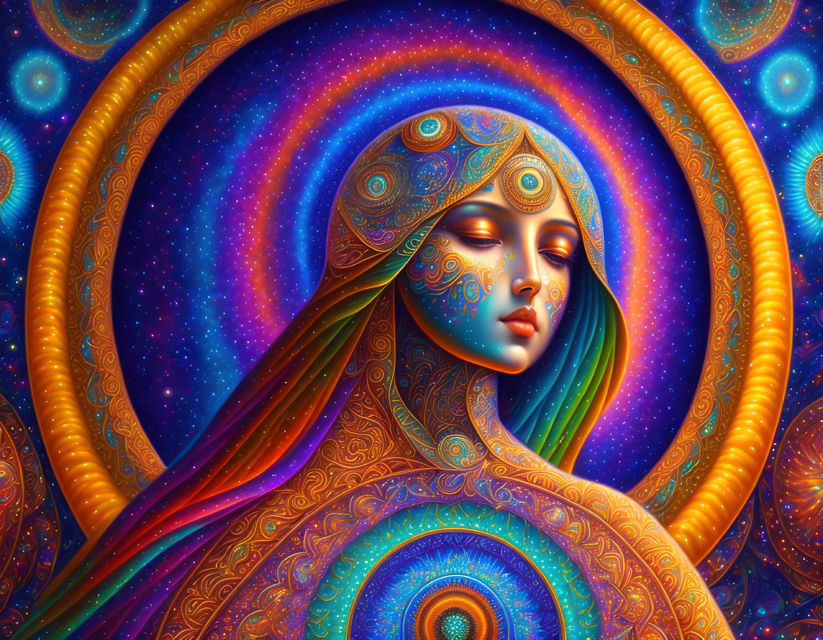 Colorful Digital Art: Serene Woman with Cosmic Motifs