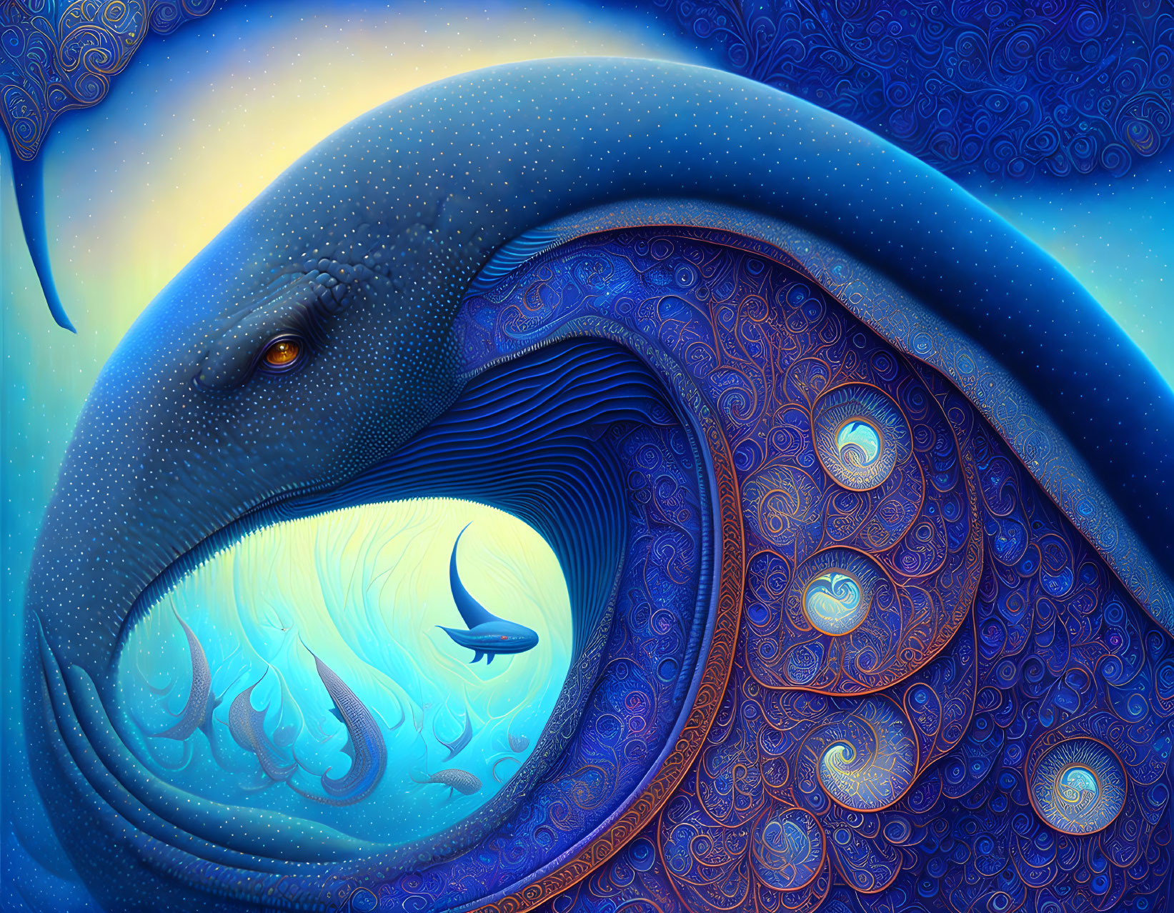 Intricate blue whale digital artwork with ornate background