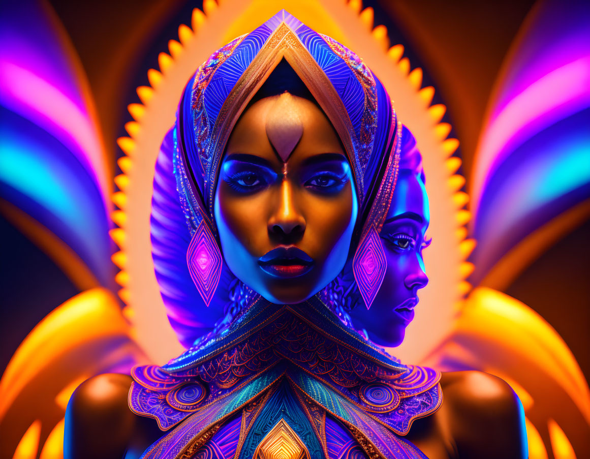 Colorful portrait of woman with artistic makeup and headdress in symmetrical futuristic setting