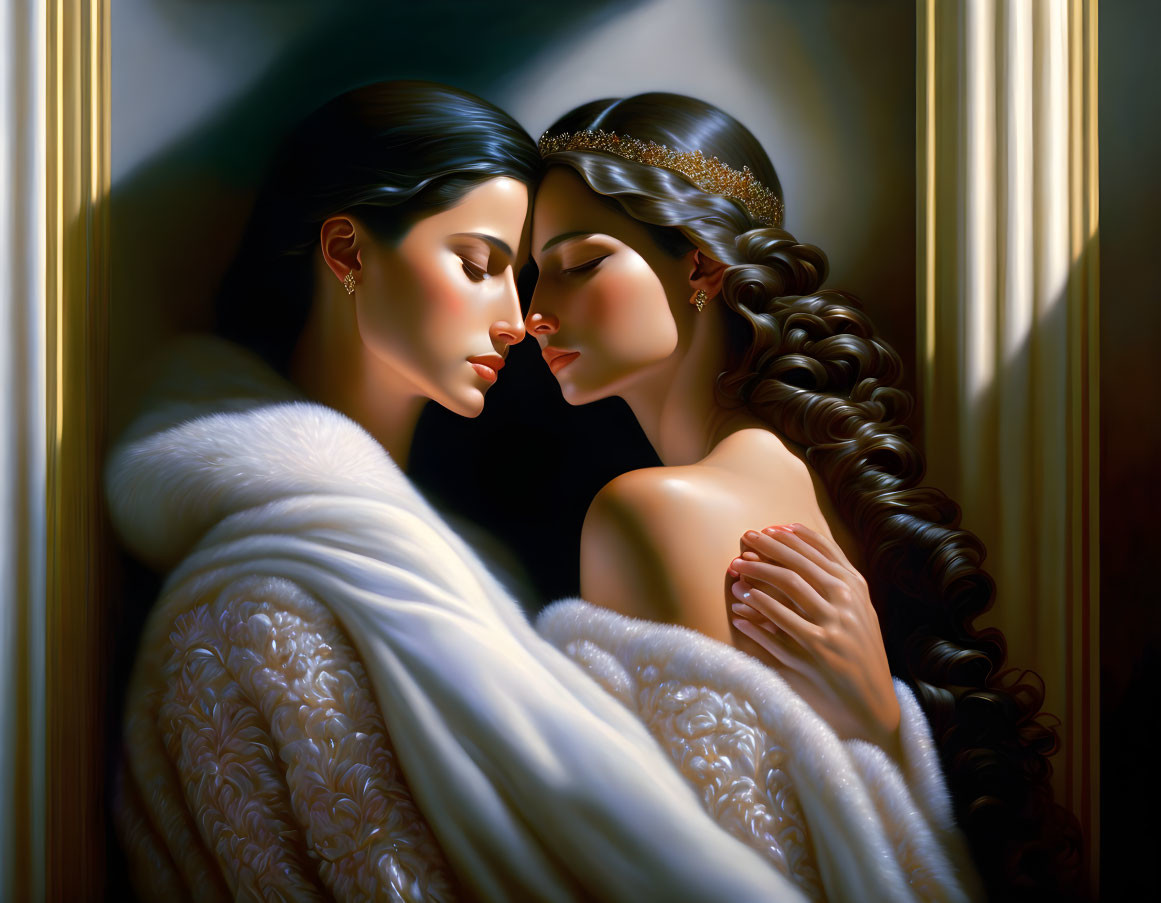 Intimate Lighting Highlights Two Women Embracing in Luxurious White Fur Cloak