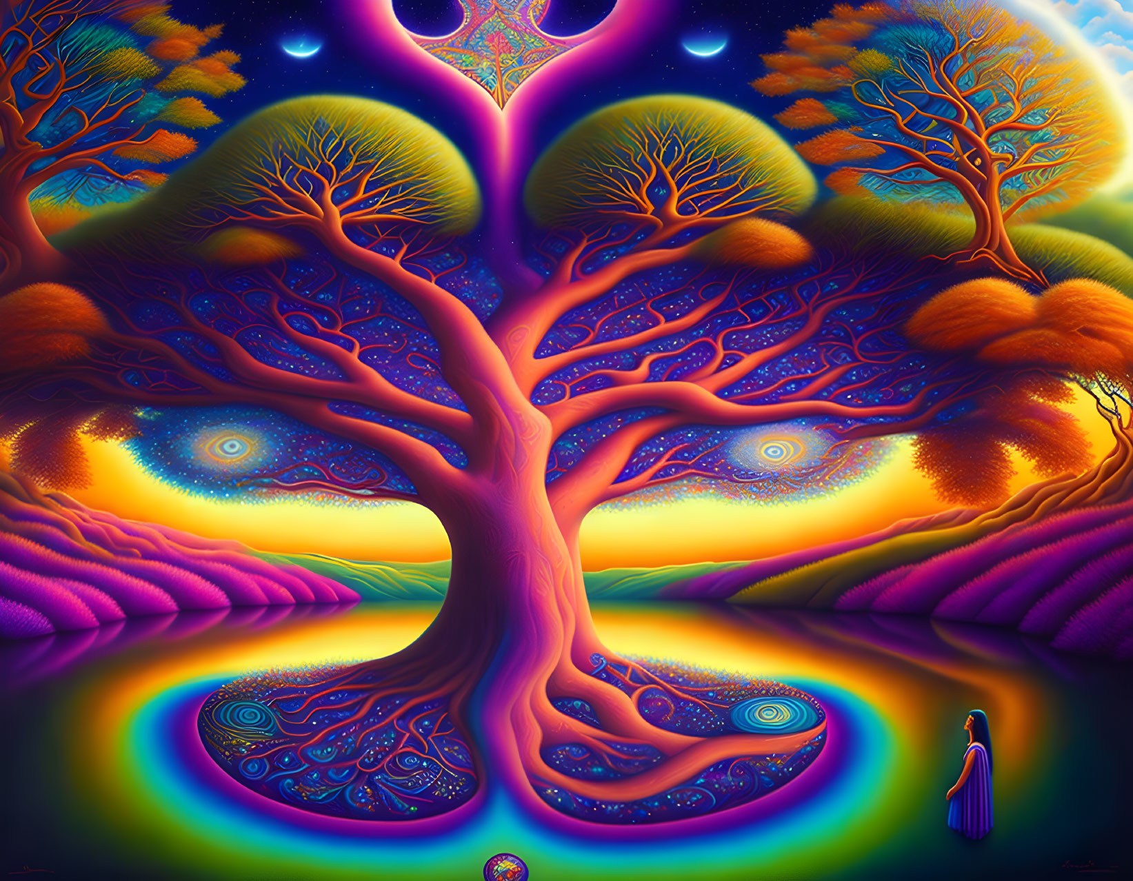 Colorful Psychedelic Illustration of Woman and Tree at Sunset