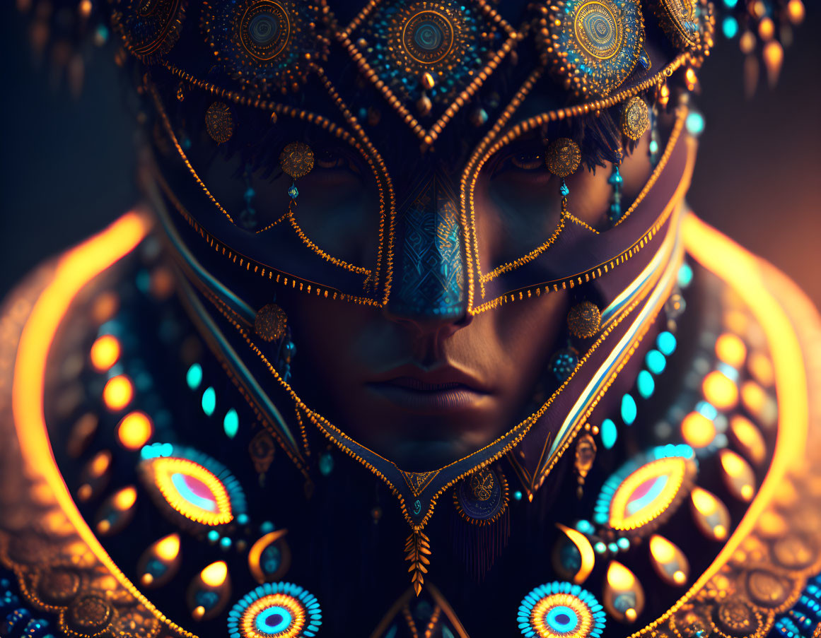 Intricate Blue and Gold Tribal Mask with Glowing Lights