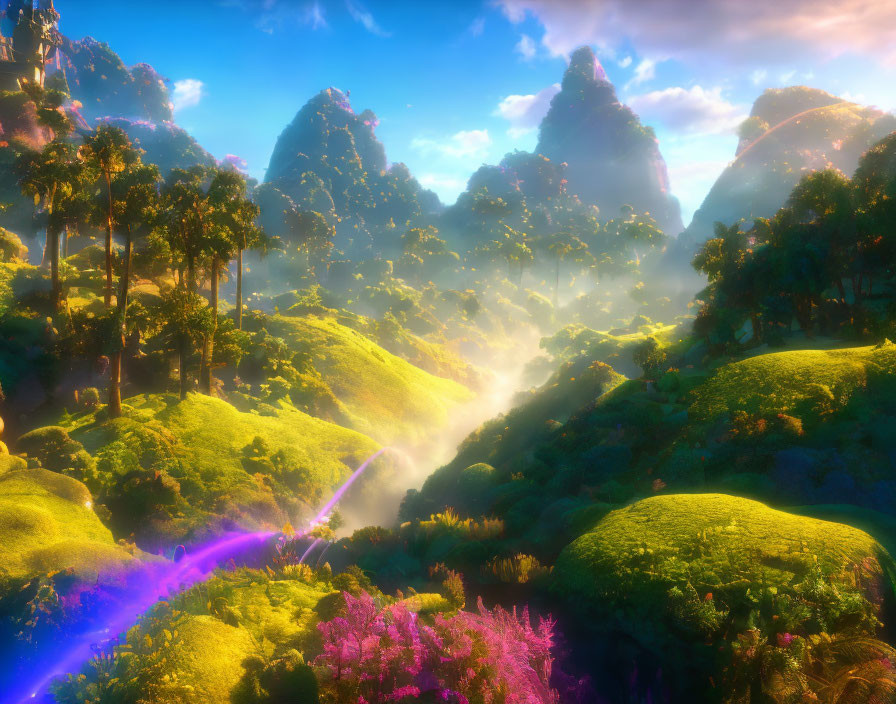 Lush Greenery, Misty Mountains, Sparkling River: Vibrant Fantasy Landscape