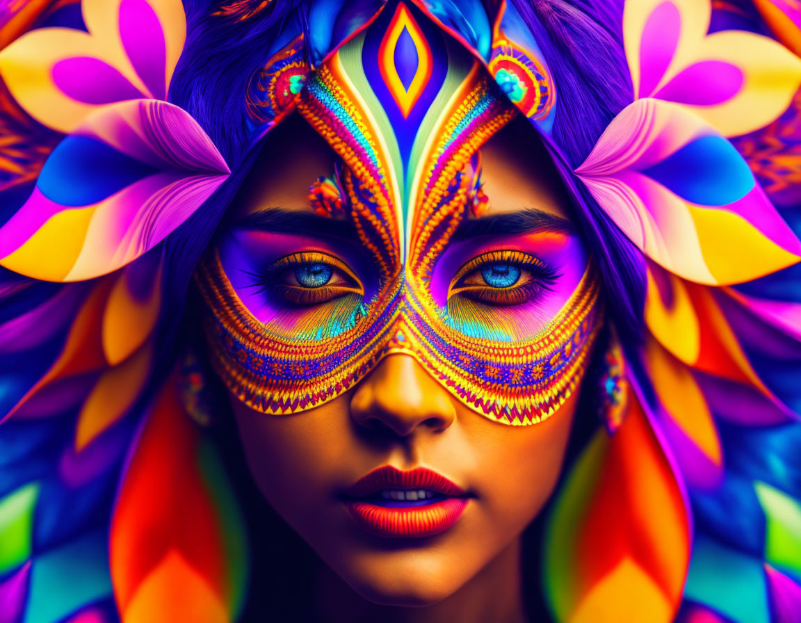 Colorful Woman Portrait with Floral Headpiece and Intricate Face Paint