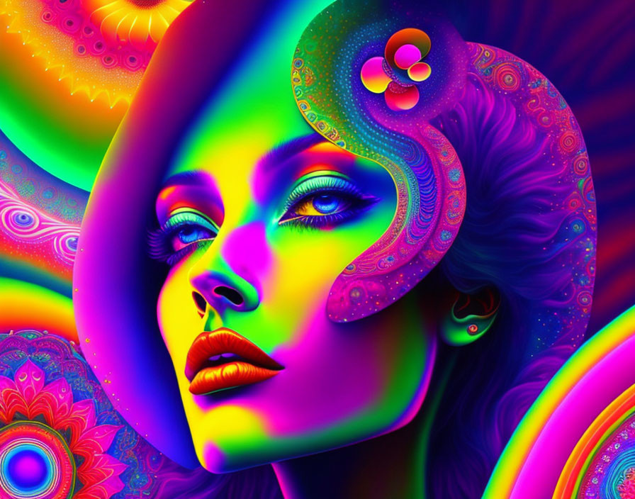 Colorful Psychedelic Digital Artwork Featuring Woman with Fractals