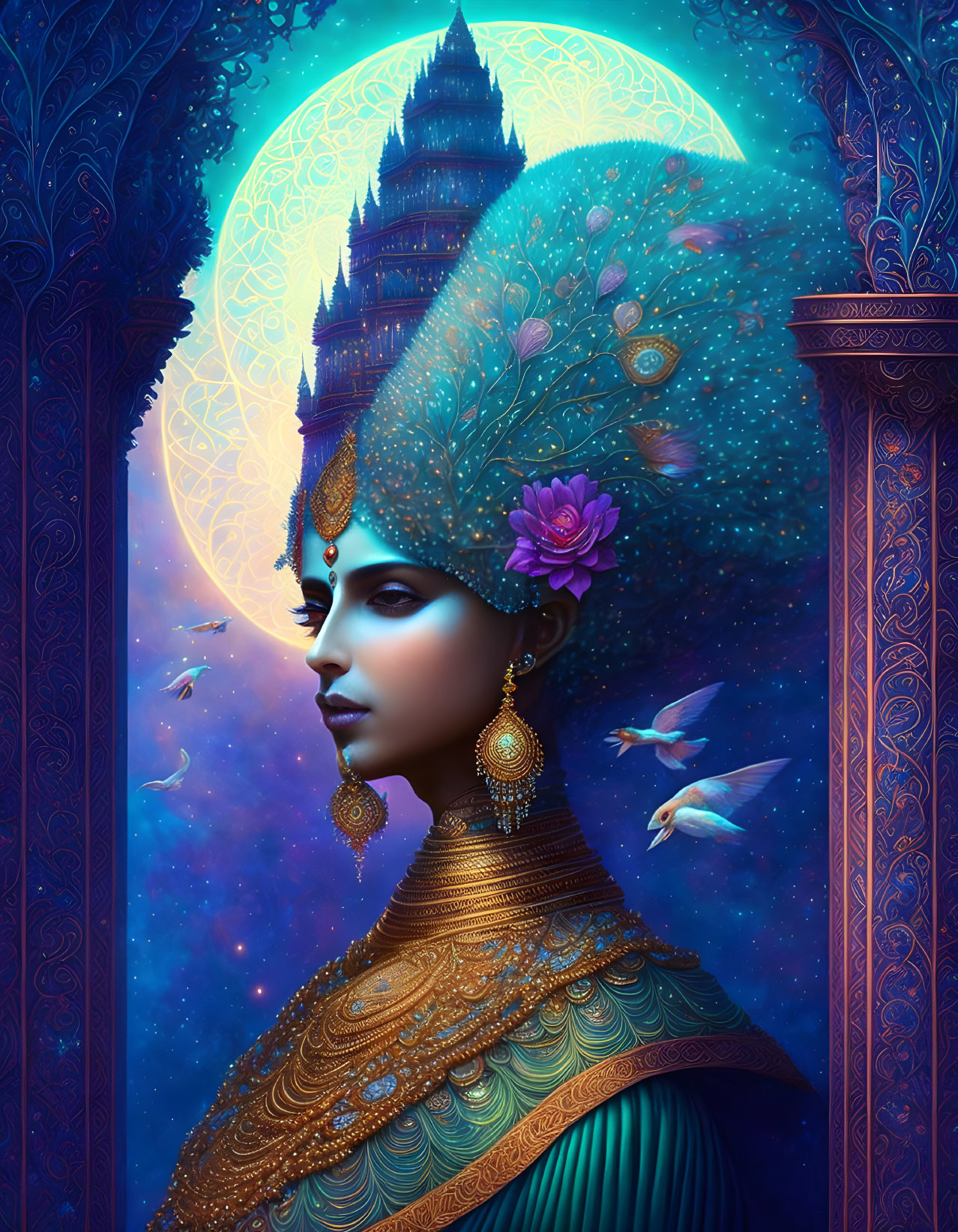 Illustrated woman with peacock feather headdress and castle backdrop in blue and gold tones