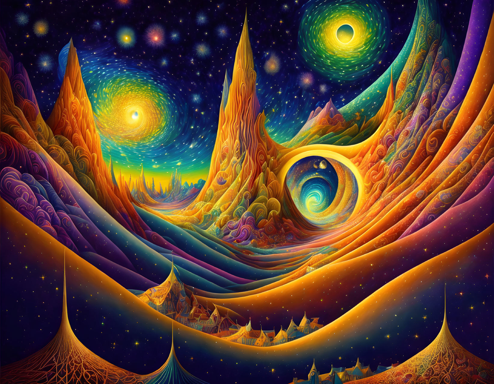 Surreal landscape with swirling patterns and starry sky