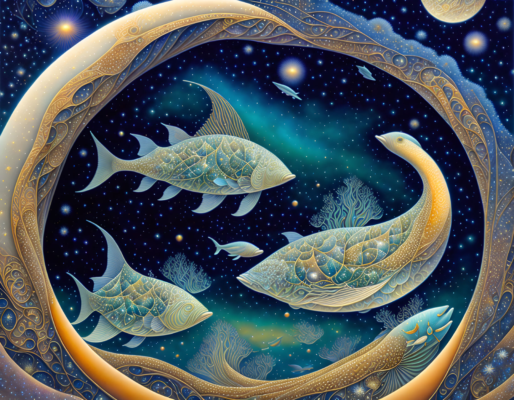 Colorful Stylized Fish and Turtle in Cosmic Underwater Scene