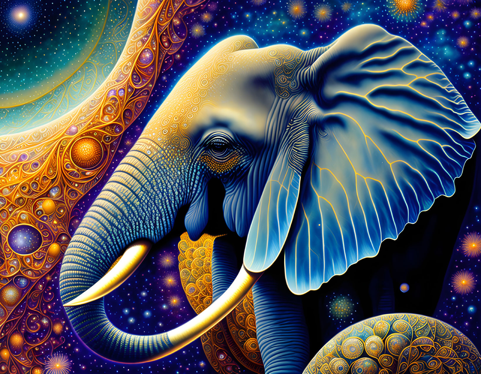 Colorful Digital Artwork: Elephant with Cosmic Patterns