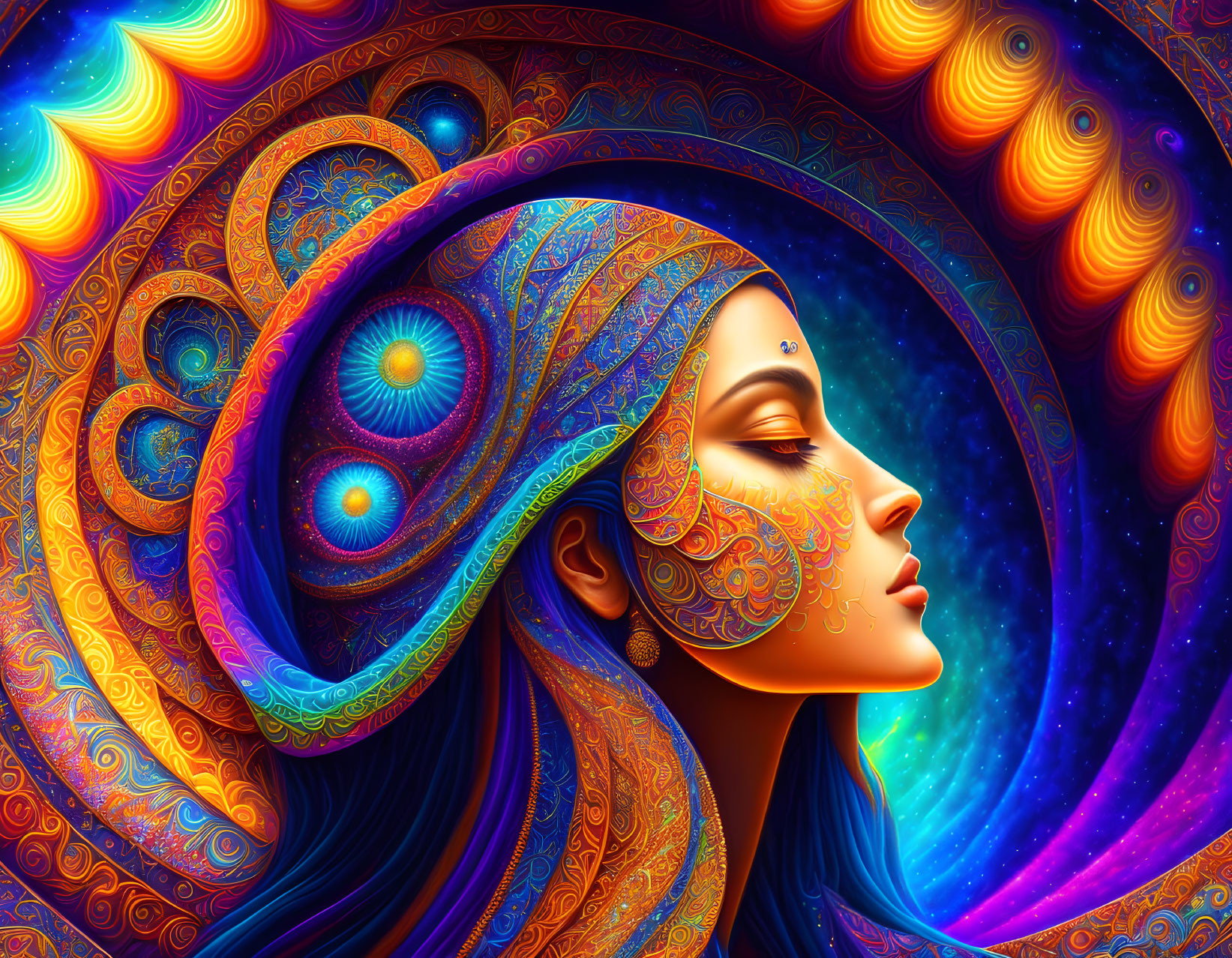 Vibrant digital artwork: Woman profile with intricate skin patterns on cosmic background