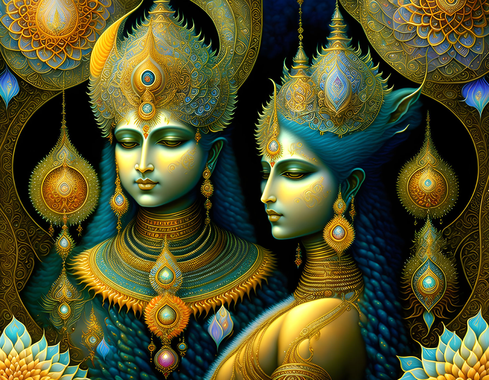 Detailed artwork of two figures with blue skin wearing gold crowns and jewelry, set against intricate background.