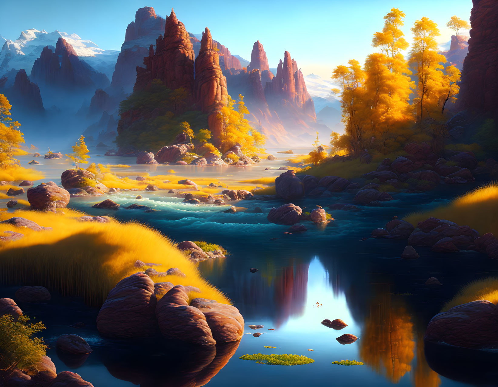 Majestic autumn landscape with serene river and snow-capped mountains