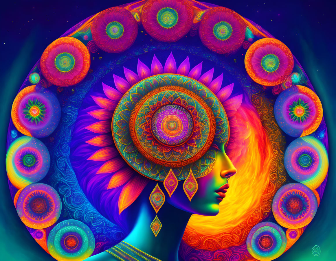 Colorful profile art with psychedelic patterns and mandala designs