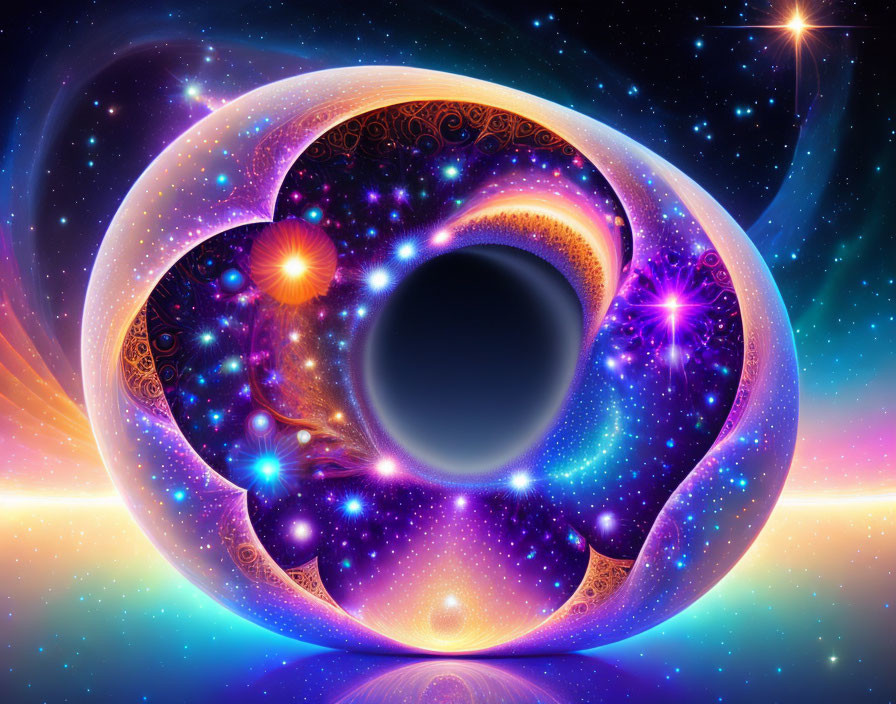 Cosmic and fractal digital artwork with swirling infinity shape and celestial elements