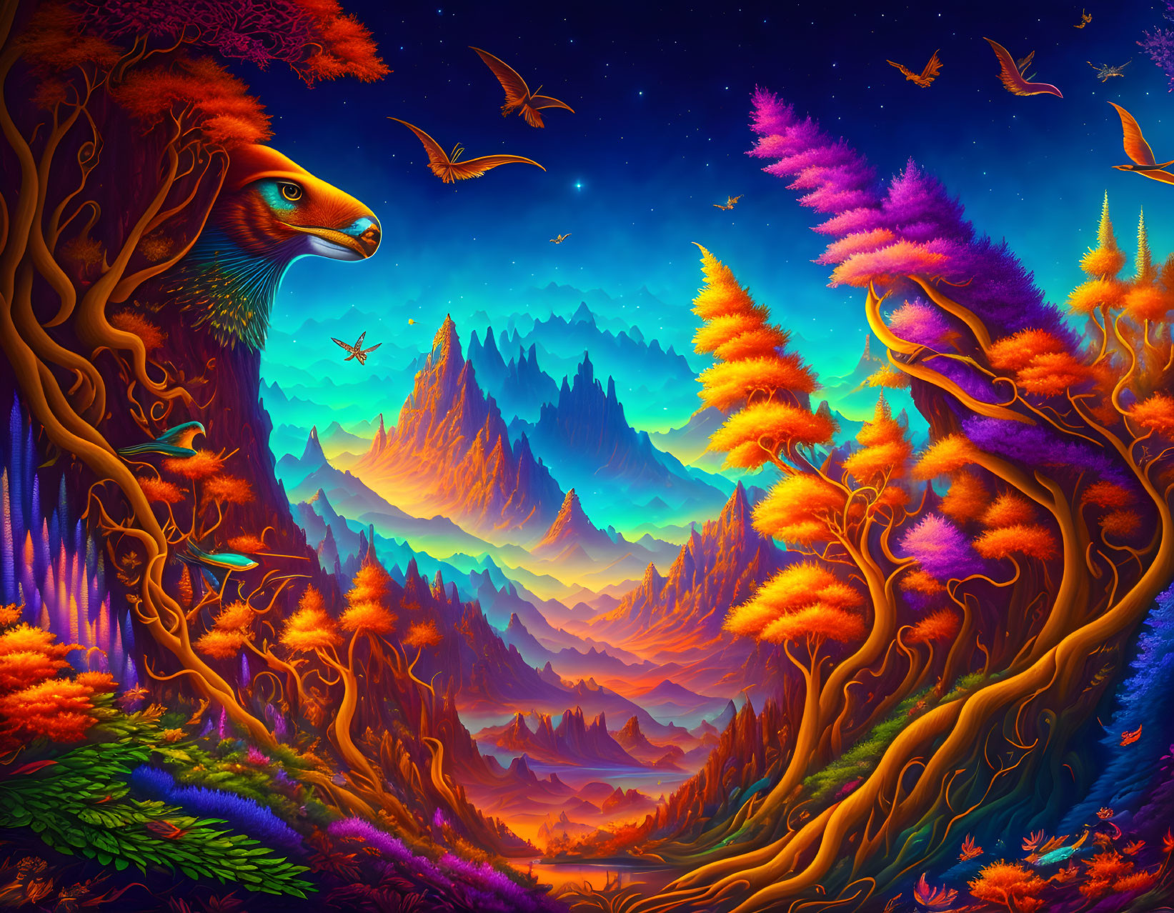 Colorful landscape with hidden eagle face among trees, mountains, and starlit sky