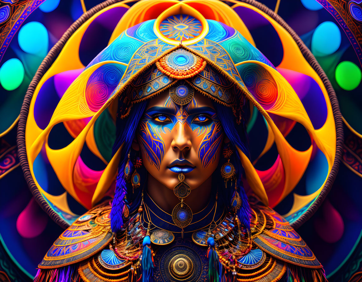 Colorful Digital Art: Person with Blue Skin, Ornate Headdress, and Face Paint on Psy