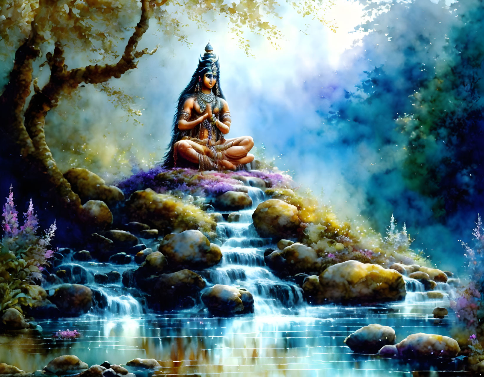 Meditating figure by waterfall in mystical forest