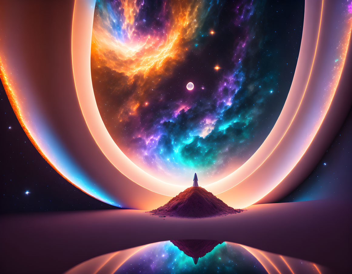 Vibrant nebulae and cosmic rings in surreal landscape