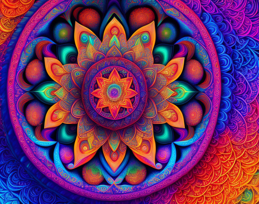 Symmetrical mandala fractal with vibrant, colorful details