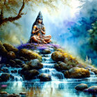 Meditating figure by waterfall in mystical forest